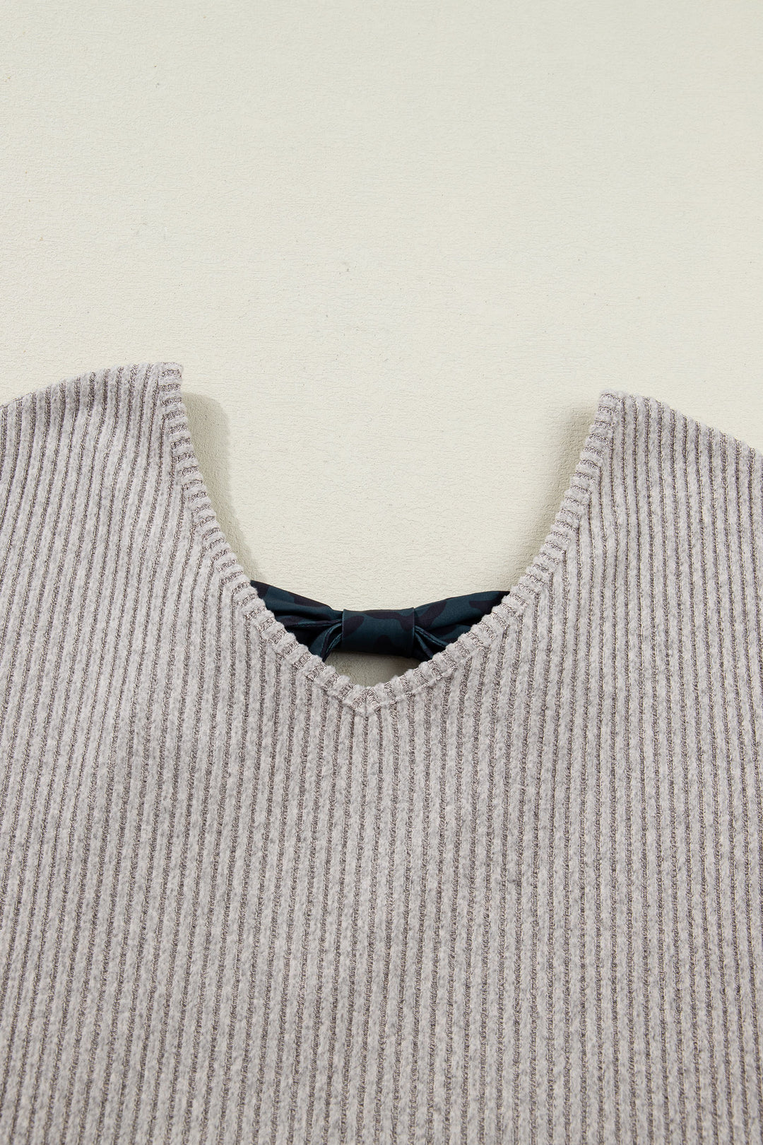 Simply Taupe Ribbed V Neck Contrast Ribbon Bow Back Drop Shoulder Long Sleeve Top