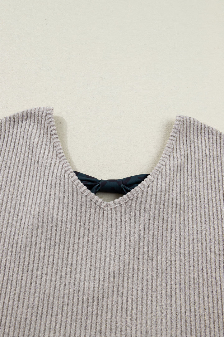 Simply Taupe Ribbed V Neck Contrast Ribbon Bow Back Drop Shoulder Long Sleeve Top