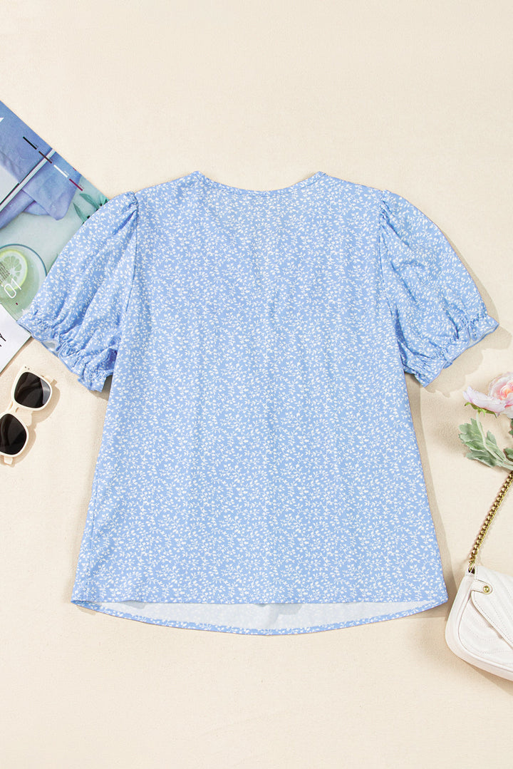 Floral Embroidered Puff Sleeve Notched V Neck Blouse