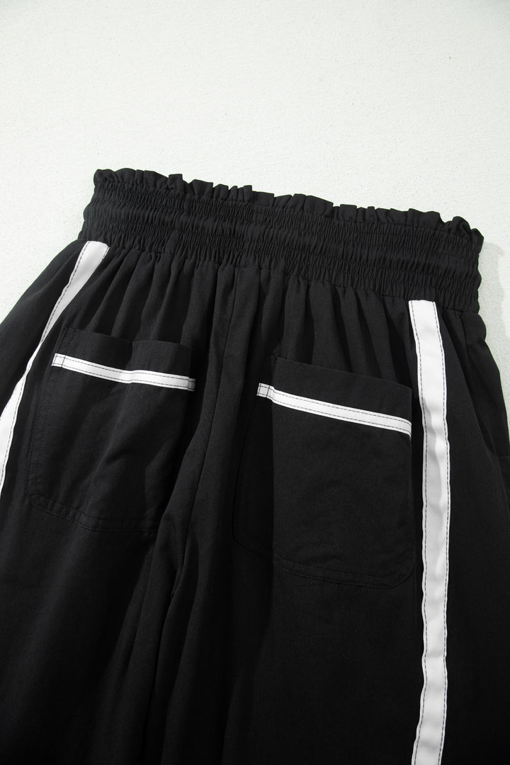 Black Contrast Striped Smocked Waist Drawstring Cropped Casual Pants