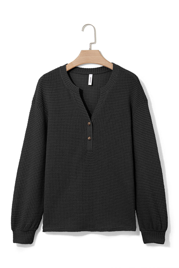 Black Button Notched Neck Waffle Knit Long Sleeve Top