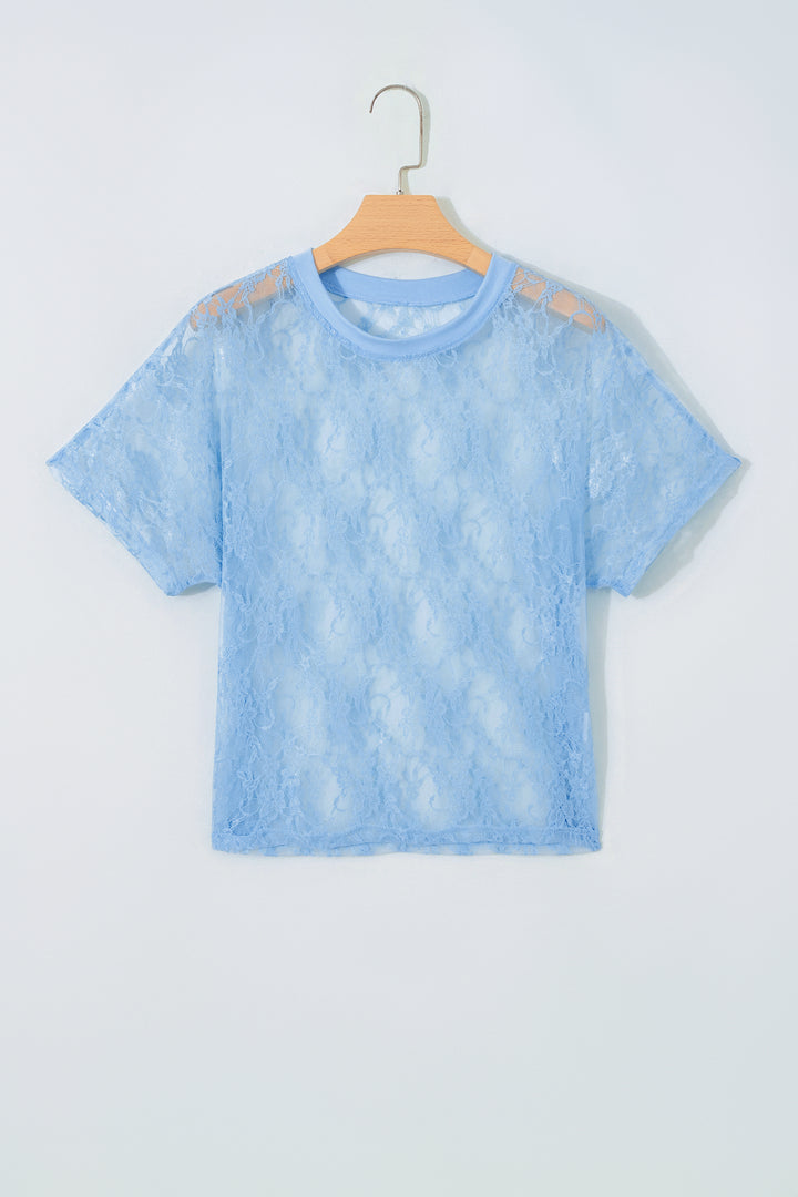 Beau Blue Sheer Floral Lace Boxy Tee