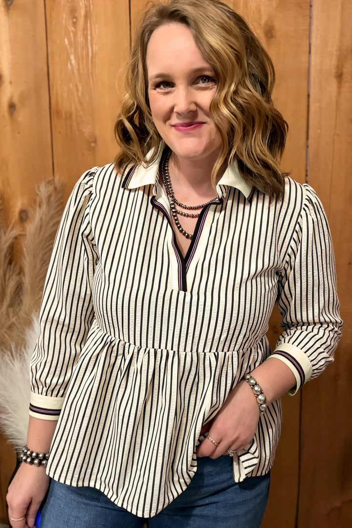 Black Stripe Patchwork V Neck Tunic Plus Size Blouse