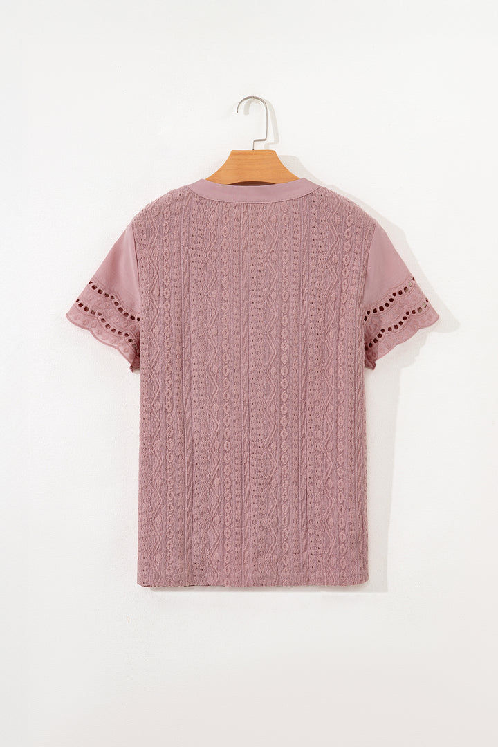 Textured Embroidered Half Buttons Short Sleeve Blouse