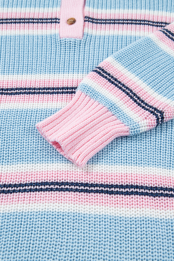 Sky Blue Stripe Button Collar Long Sleeve Shift Fit Winter Knitwear Sweater