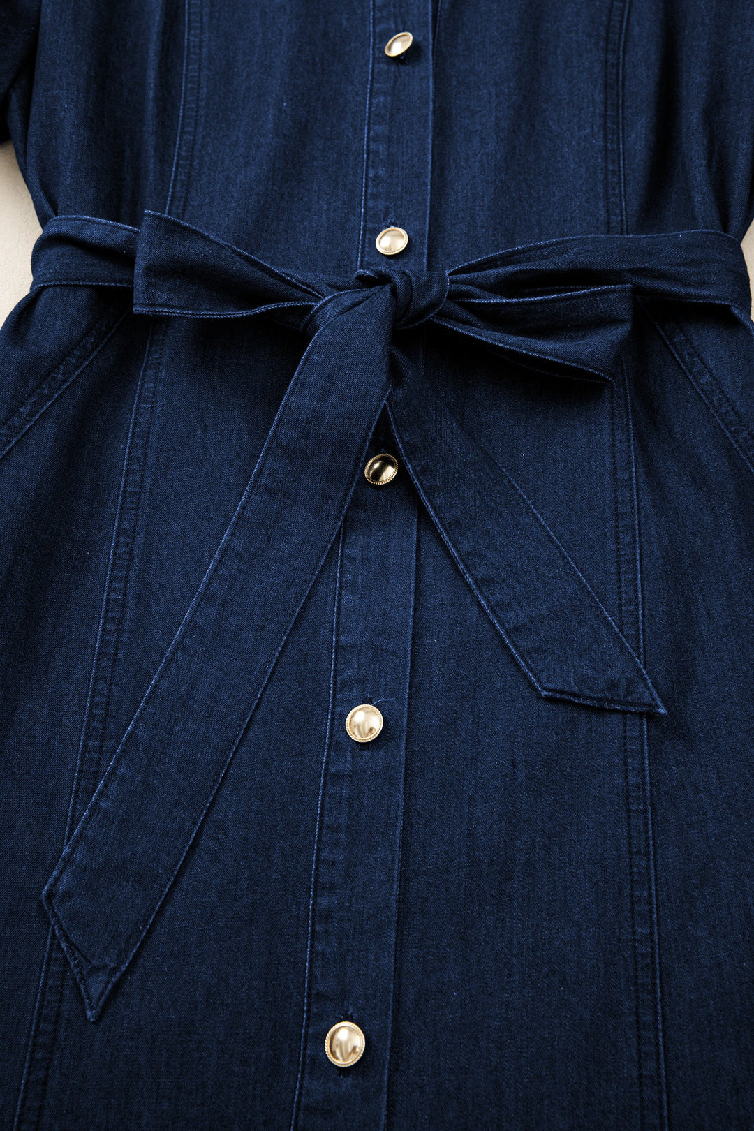 Sail Blue Full Buttons Collared Short Bubble Sleeve Long Denim Dress