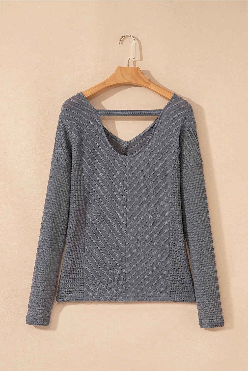 V Neck Chevron Texture Patchwork Long Sleeve Knit Top