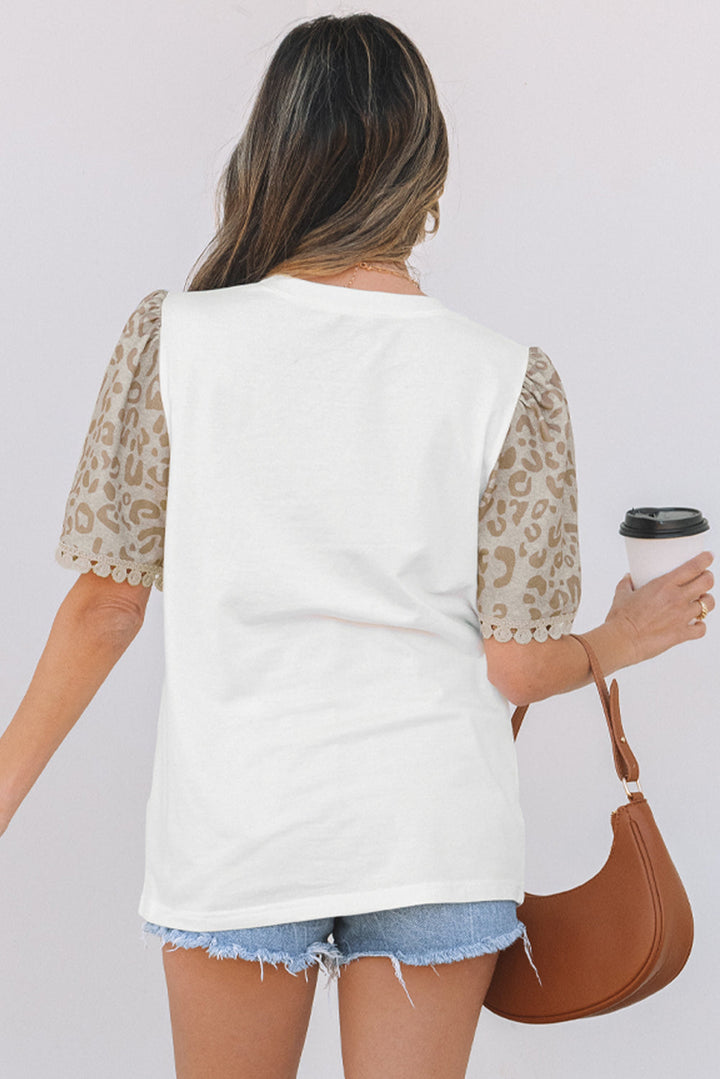 Leopard Patchwork Crochet Lace Trim Puff Sleeve T Shirt
