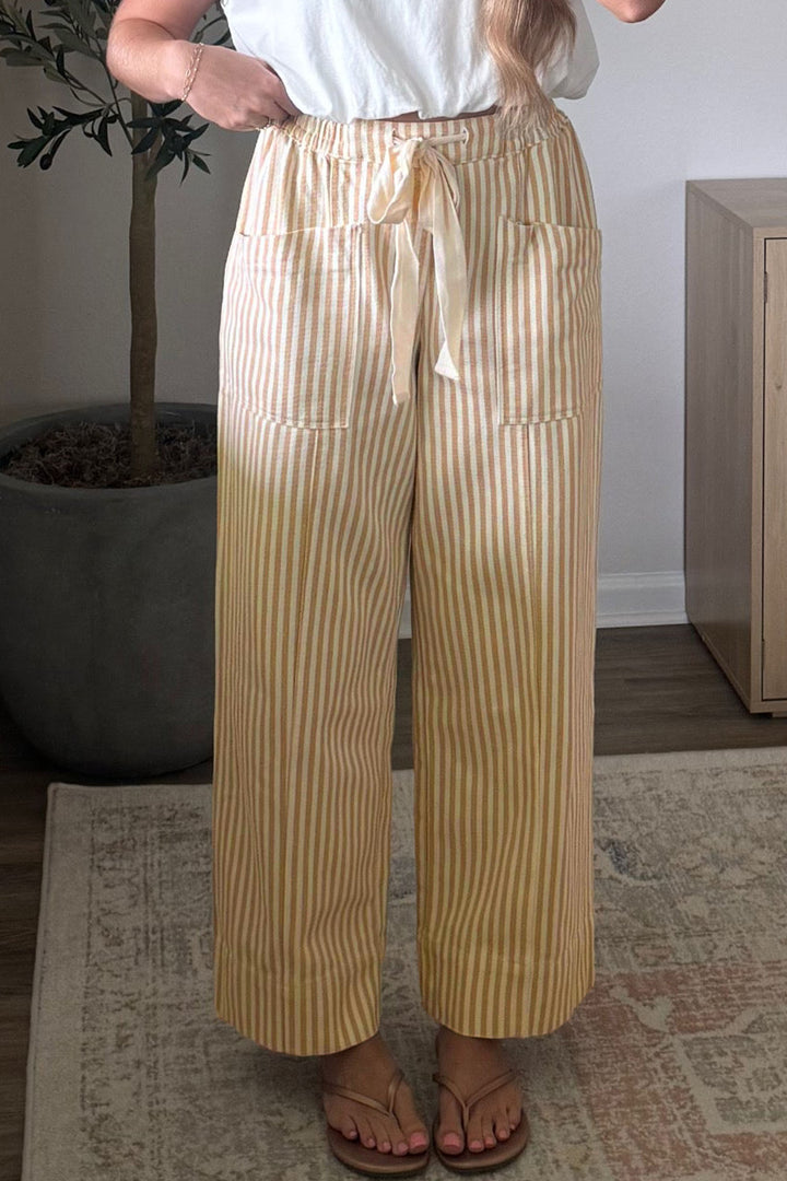 Apricot Stripe Ribbon Drawstring Waist Full-Length Cotton Shift Pant