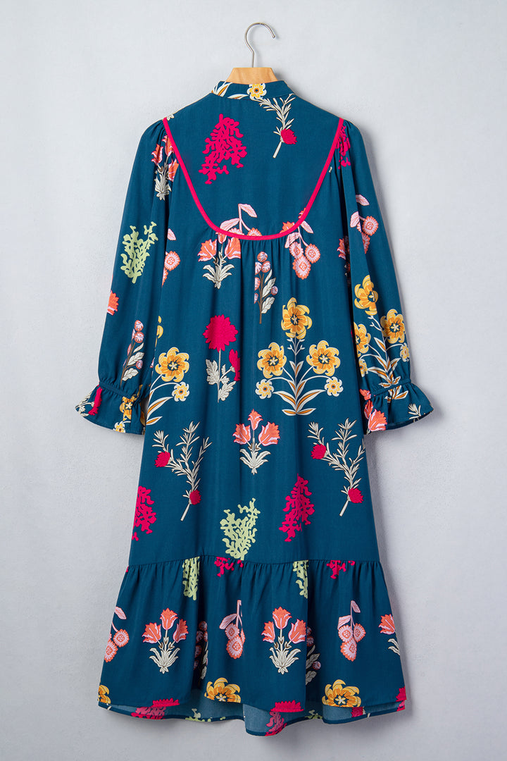 Chic Blue Floral Print Gathered Neckline 7/8 Sleeve Casual Midi Dress