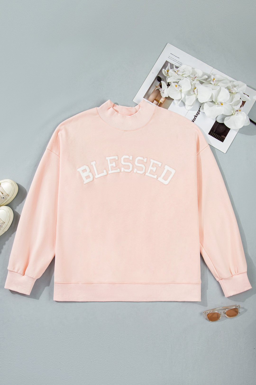 Light Pink BLESSED Embroidered Trim Patch Graphic Plus Size Mock Neck Sweatshirt