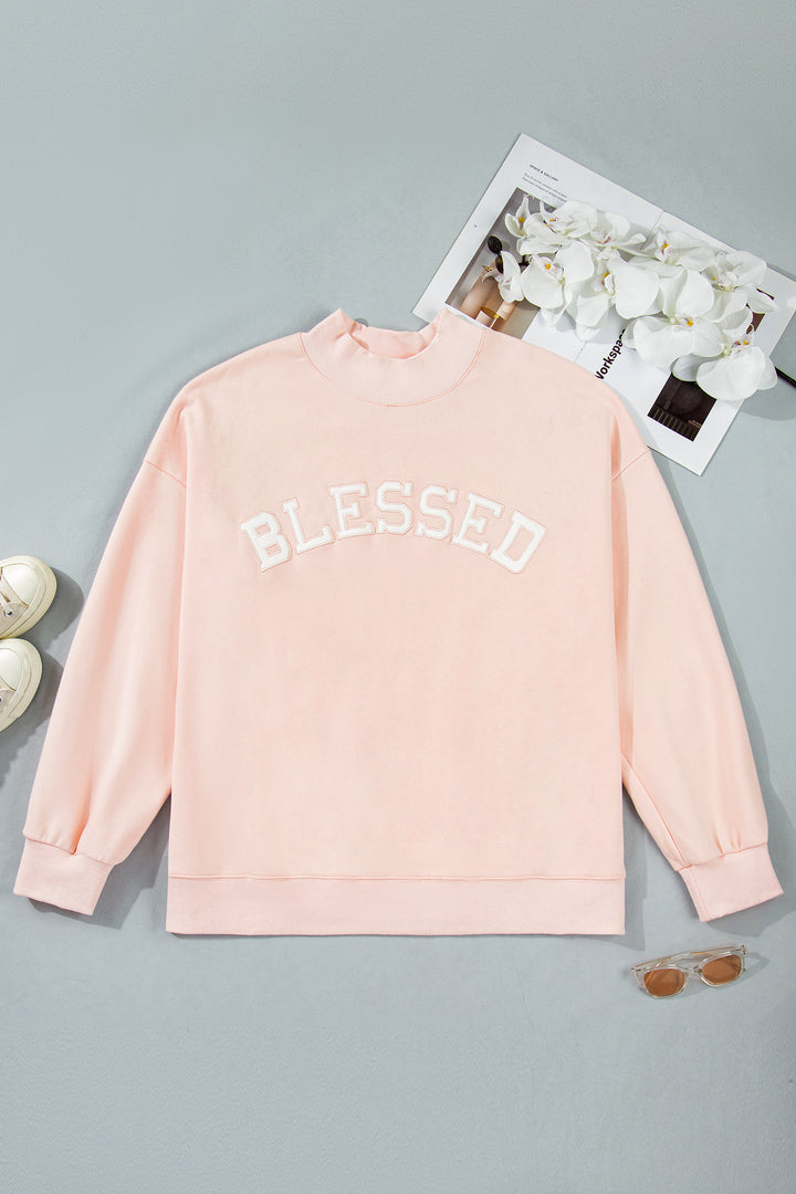 Light Pink BLESSED Embroidered Trim Patch Graphic Plus Size Mock Neck Sweatshirt