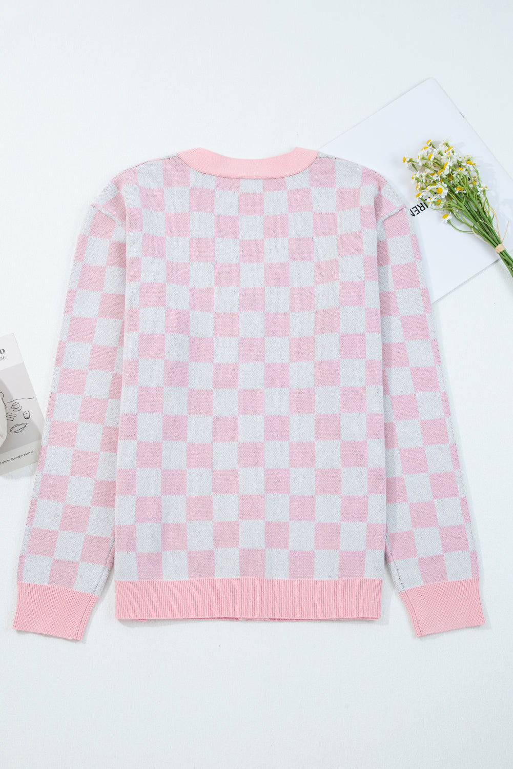 Pink Checkered Christmas Tree Pattern Button Cardigan Sweater