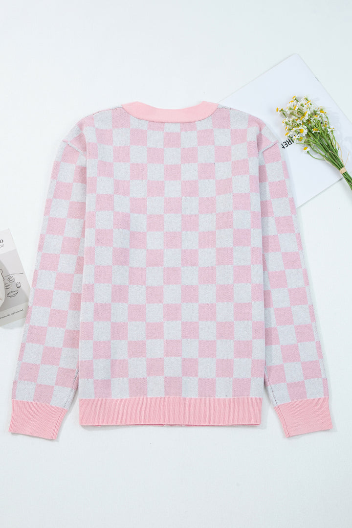 Pink Checkered Christmas Tree Pattern Button Cardigan Sweater