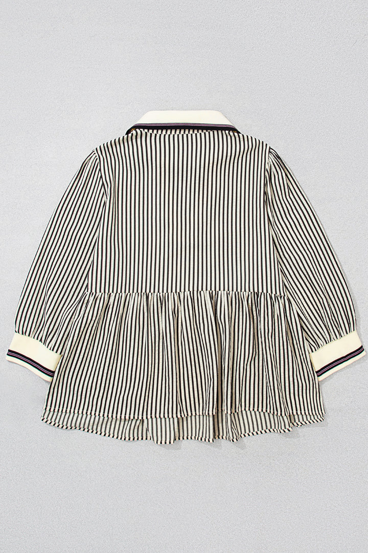 Black Stripe Patchwork V Neck Tunic Plus Size Blouse