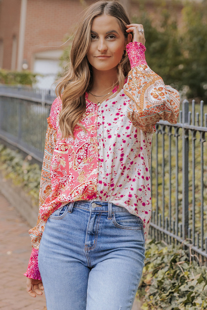 Mixed Floral Printed Puff Sleeve V-Neck Shirt