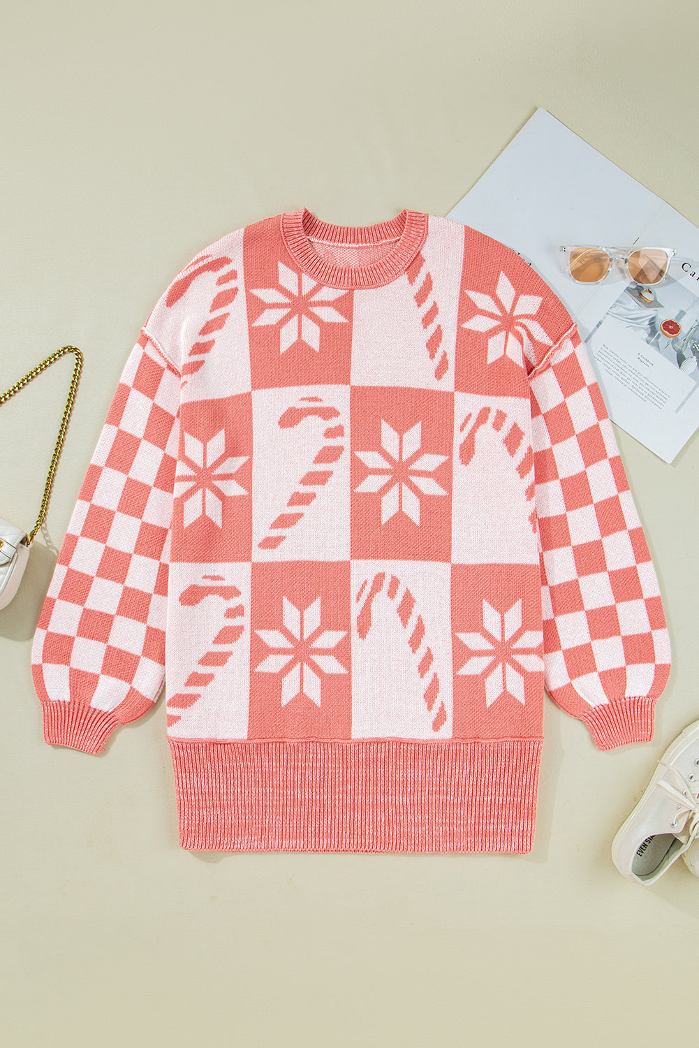Candycane Snowflake Checker Christmas Holiday Drop Shoulder Tunic Loose Sweater