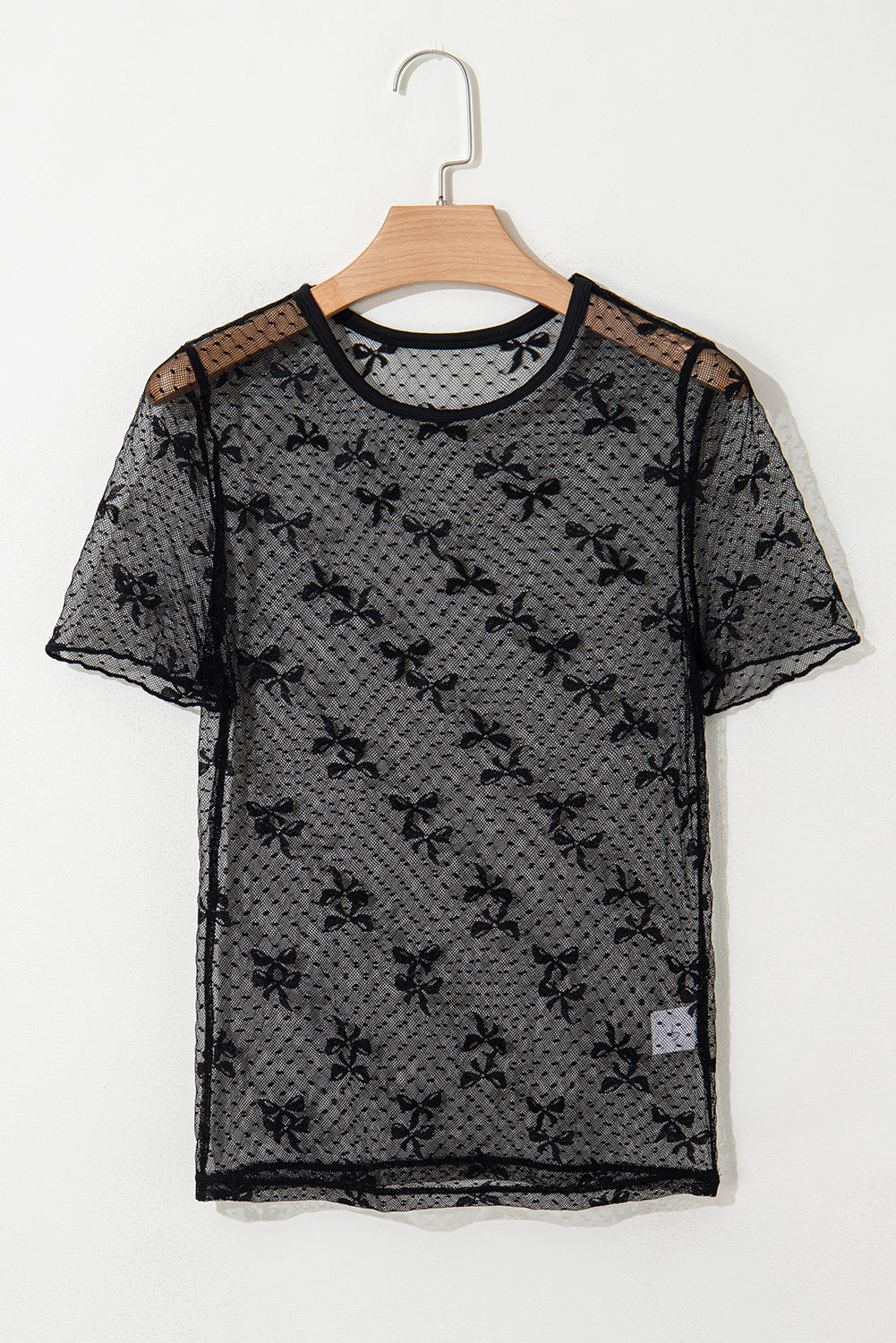 Bow Knot Dotted See-through Mesh Patched Slim Fit Blouse