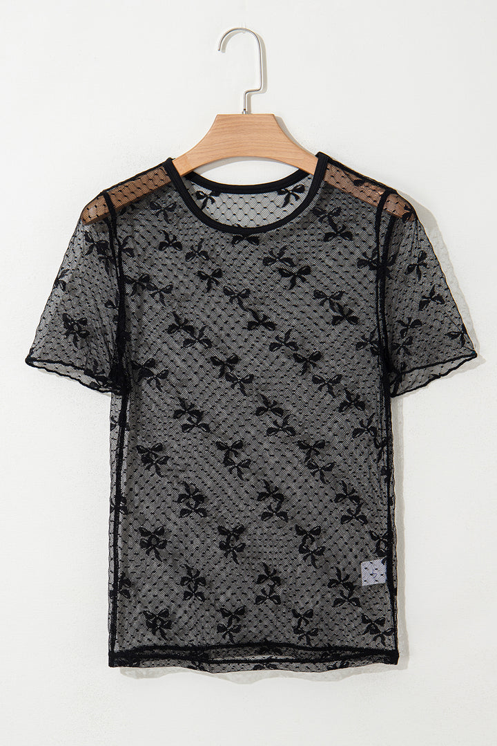 Bow Knot Dotted See-through Mesh Patched Slim Fit Blouse