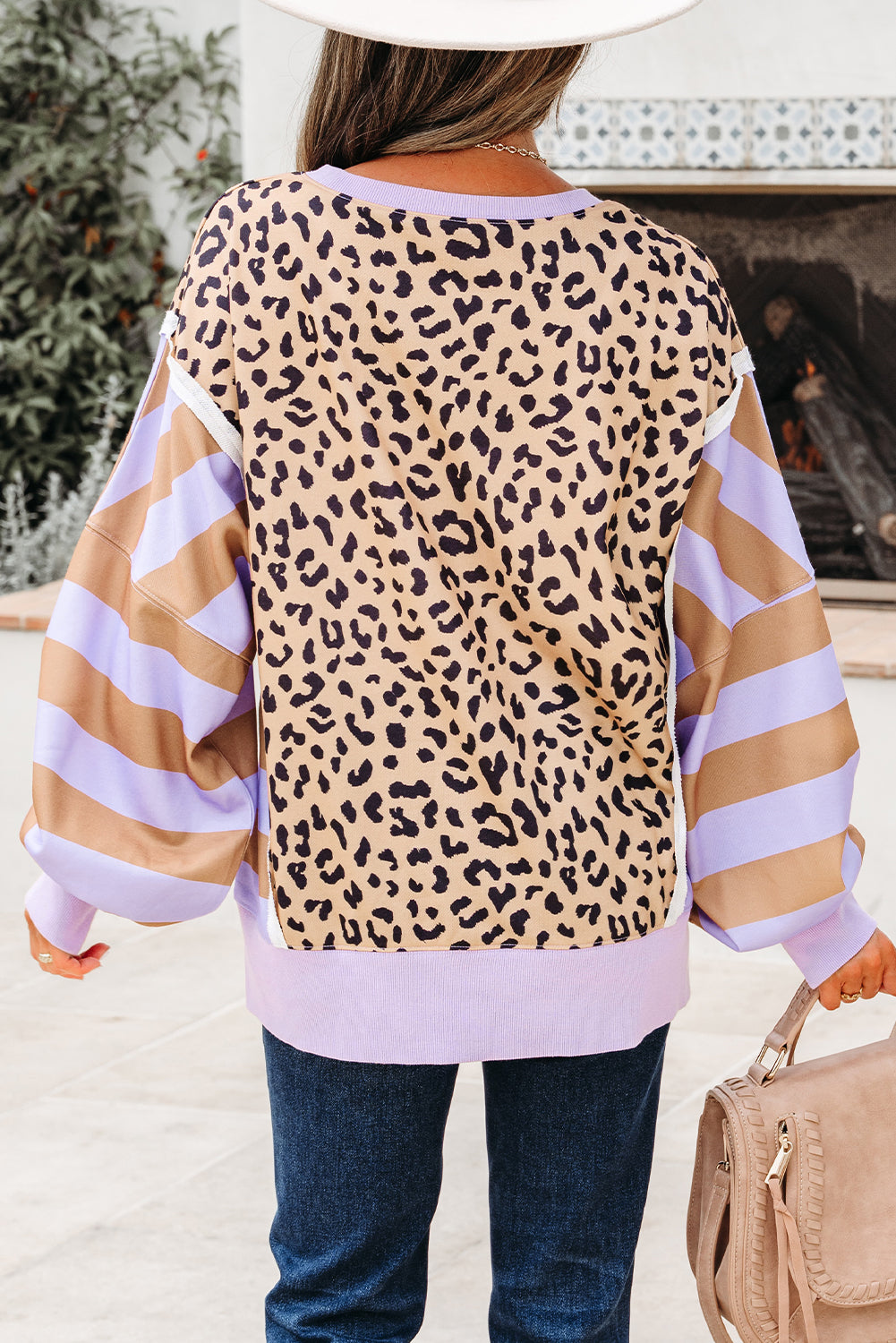 Color Block Patchwork Leopard Casual Sweatshirt with Slits