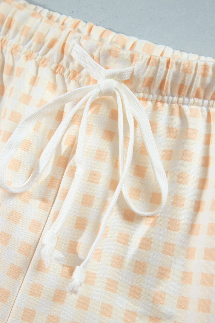Yellow Gingham Loose Pullover Top Drawstring Shorts Plus Size Set
