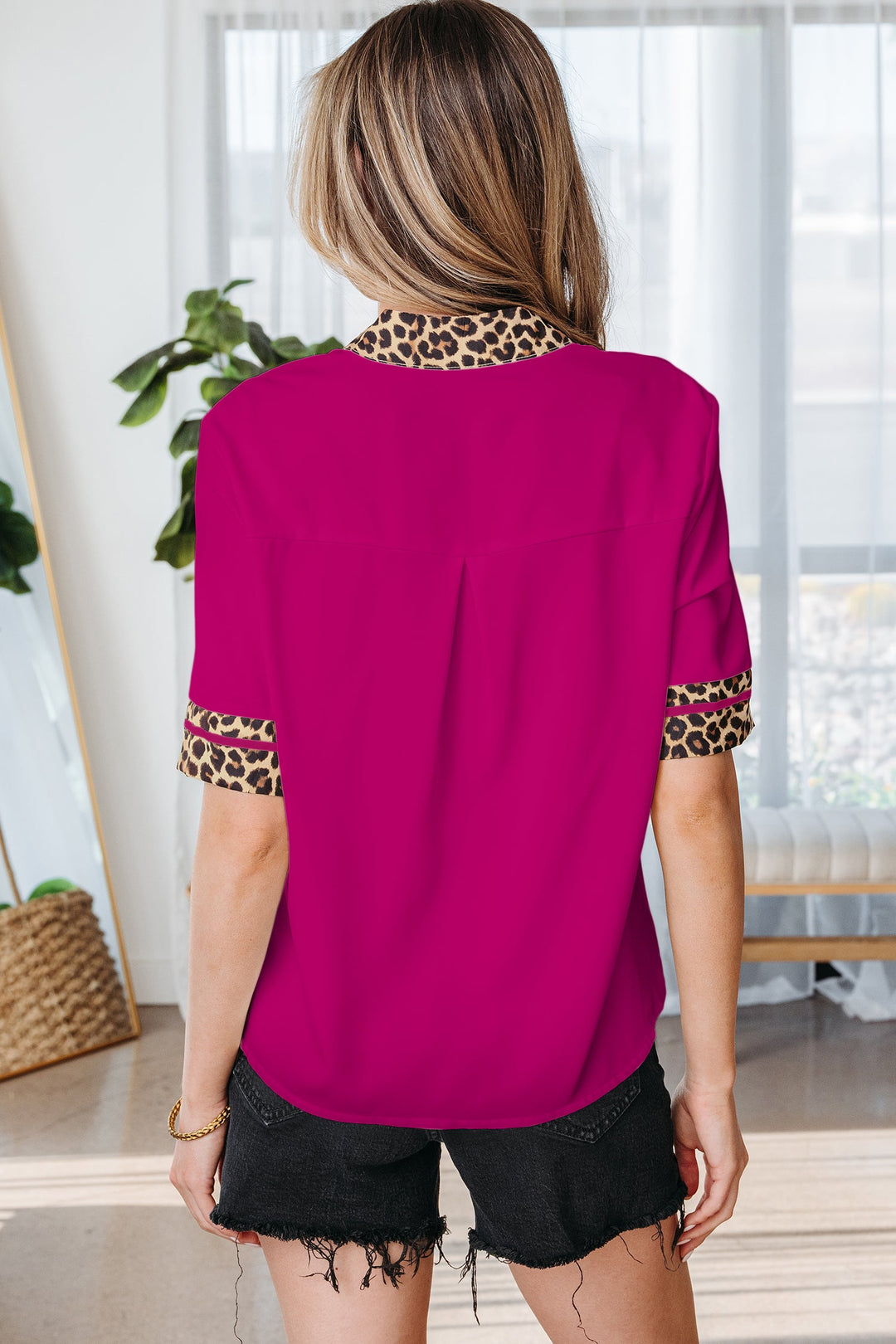 Violet Leopard Trim Split Neck Short Sleeve Blouse