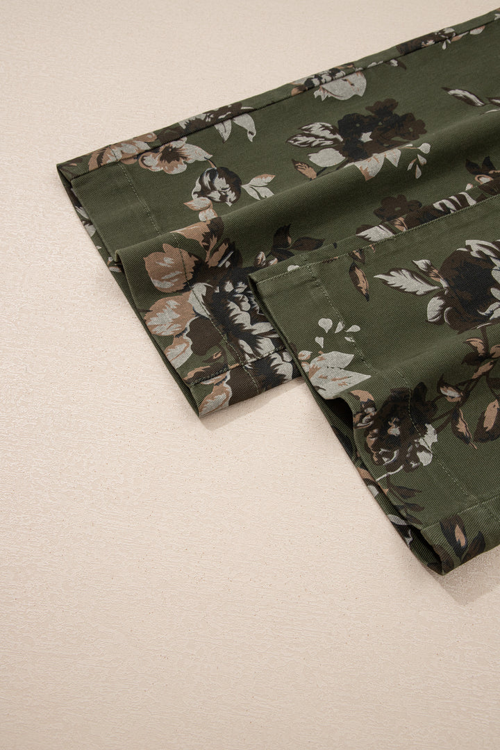 Green Vintage Floral Print Square Patch Pocket Raw Hem Shift Jeans