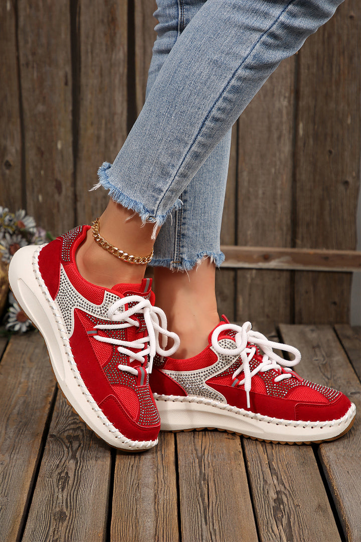 Rhinestone Embellished Color Block Patchwork Lace-up Breathable Sneakers