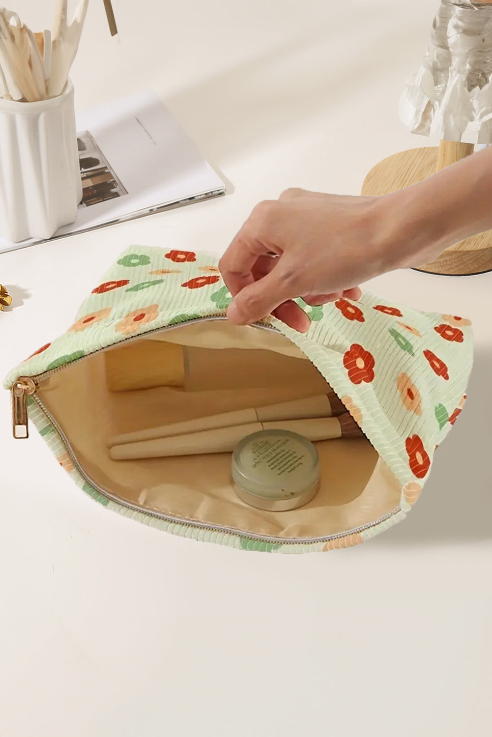 Flower Print Corduroy Zipper Makeup Storage Bag