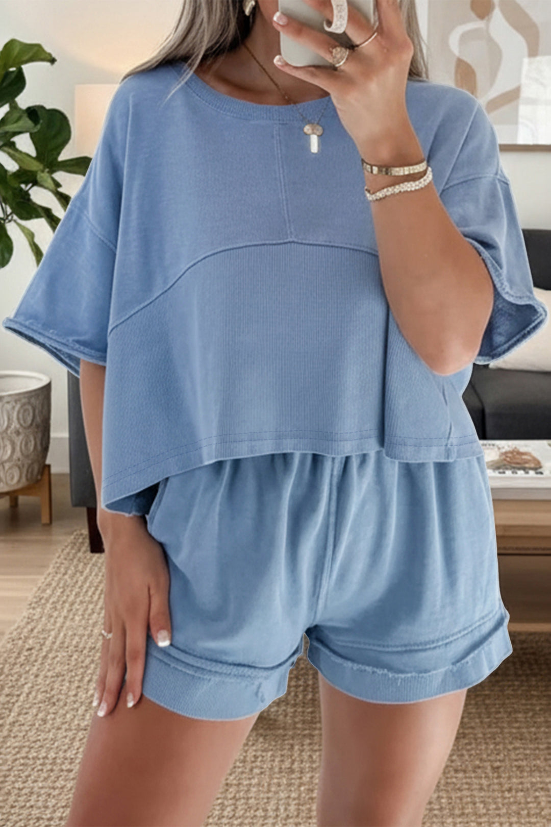 Sky Blue Solid Color Contrast Textured Patchwork Raw Edge 2pcs Short Set