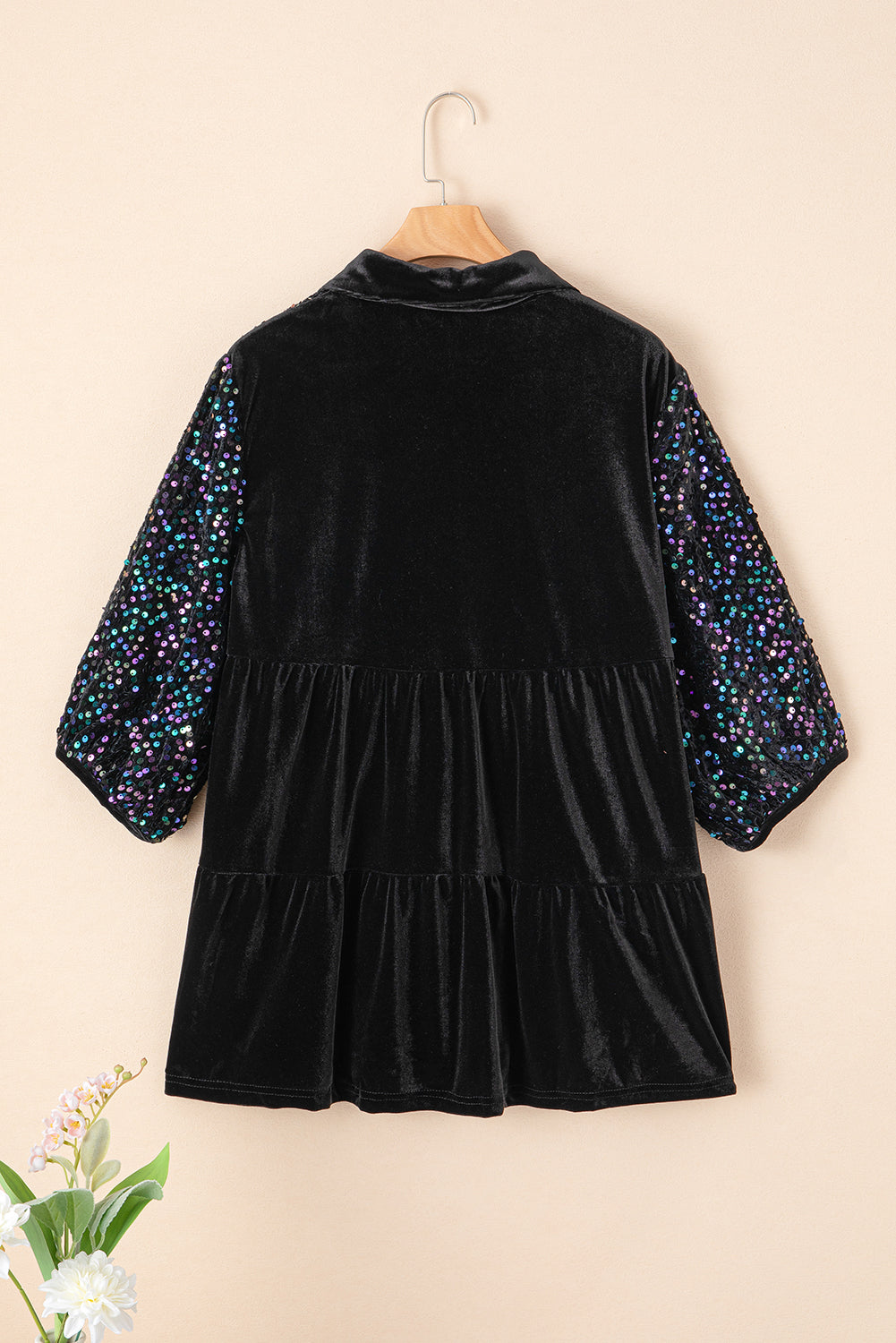 Sequin Puff Sleeve Buttoned Velvet Peplum Shirt
