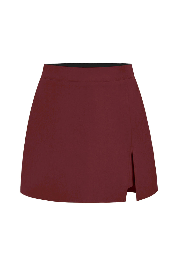 Burgundy Solid High Waist Split Front Casual Skort