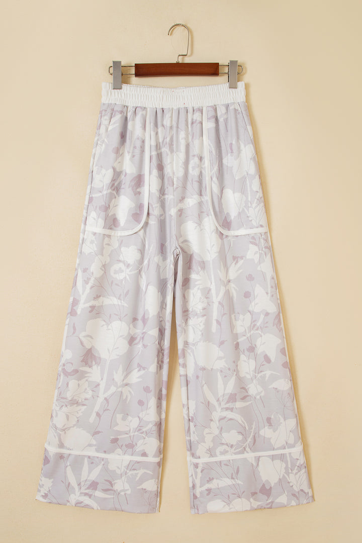 Gray Floral Print Wide Leg Ankle-Length Elastic Waistband Pants