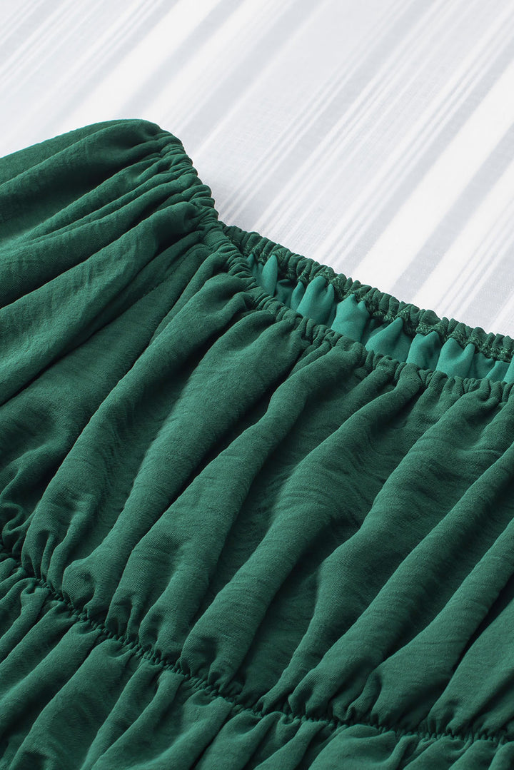 Green-2 Solid Color Shirred Bubble Sleeve Off Shoulder Babydoll Dress
