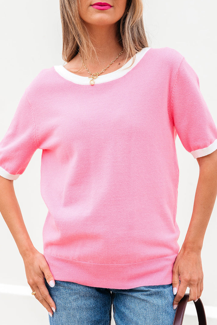 colorblock bow v shape cut back short sleeve sweater