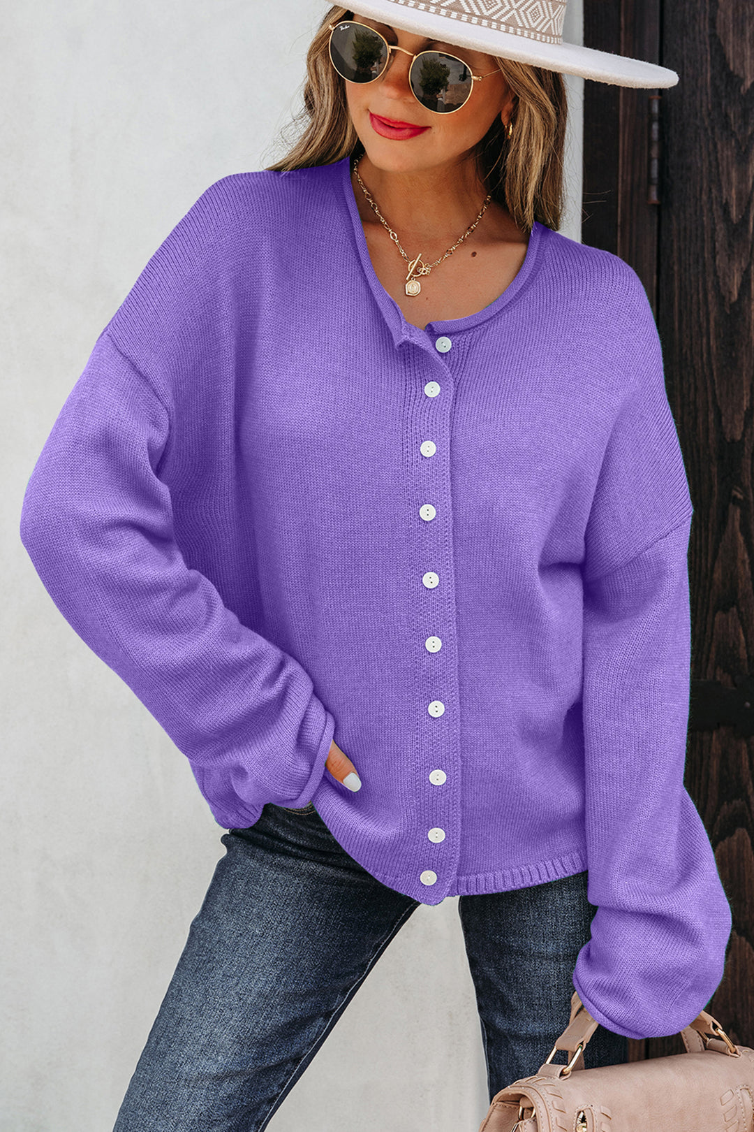 Wisteria Solid Color Knit Button Sweater Cardigan