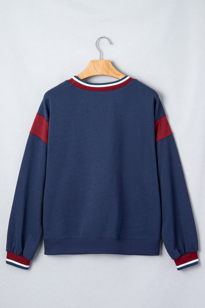Sail Blue Patchwork Round Neck Long Sleeve Sweatshirt