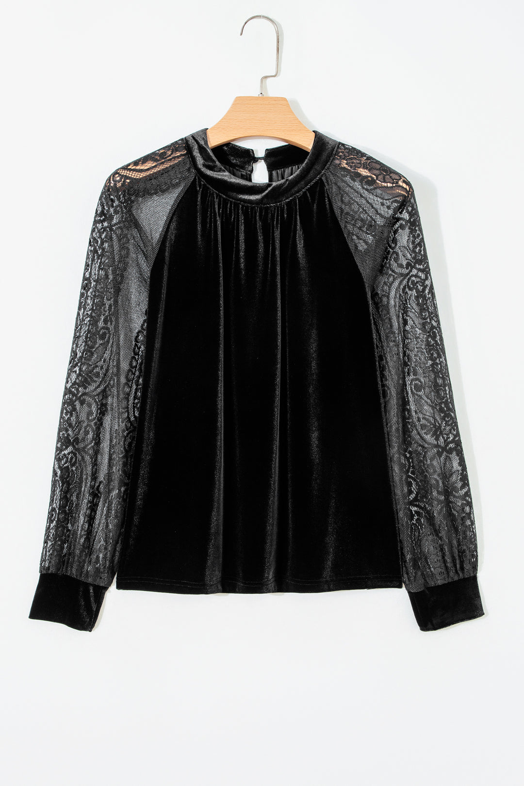 Black Sheer Lace Long Sleeve Patchwork Stand Neck Velvet Blouse