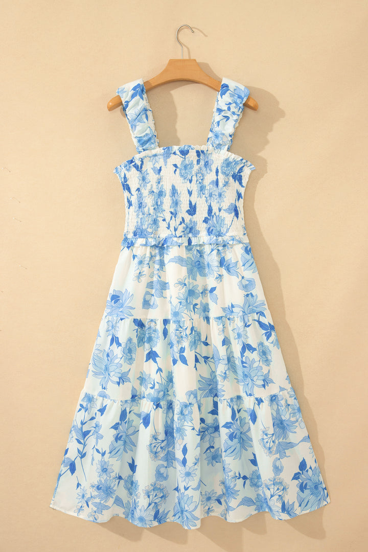 Sky Blue Ruffled Straps Smocked High Waist Floral Maxi Dress