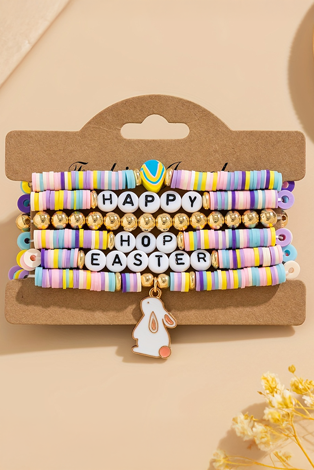 Bracelet élastique multicouche perlé avec lettres « Joyeuses Pâques »