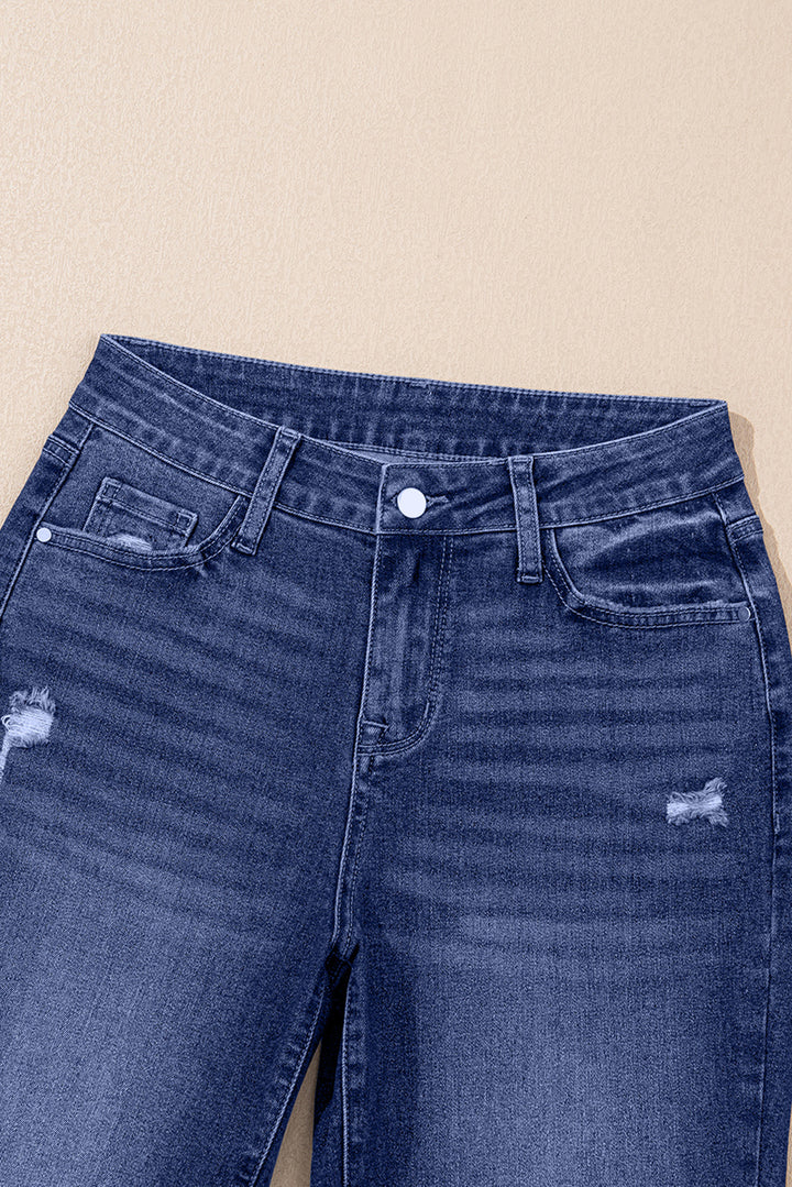 Real Teal Folded Cuffs Distressed Straight High Waist Jeans