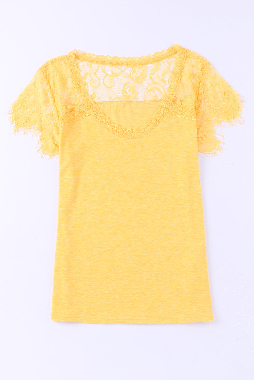 Yellow Lace Crochet Short Sleeve U Neck T Shirt