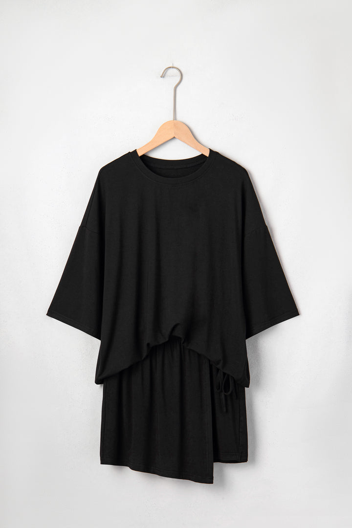Black Solid Color Oversize Tee Tie Wrap Mini Skort 2pcs Set