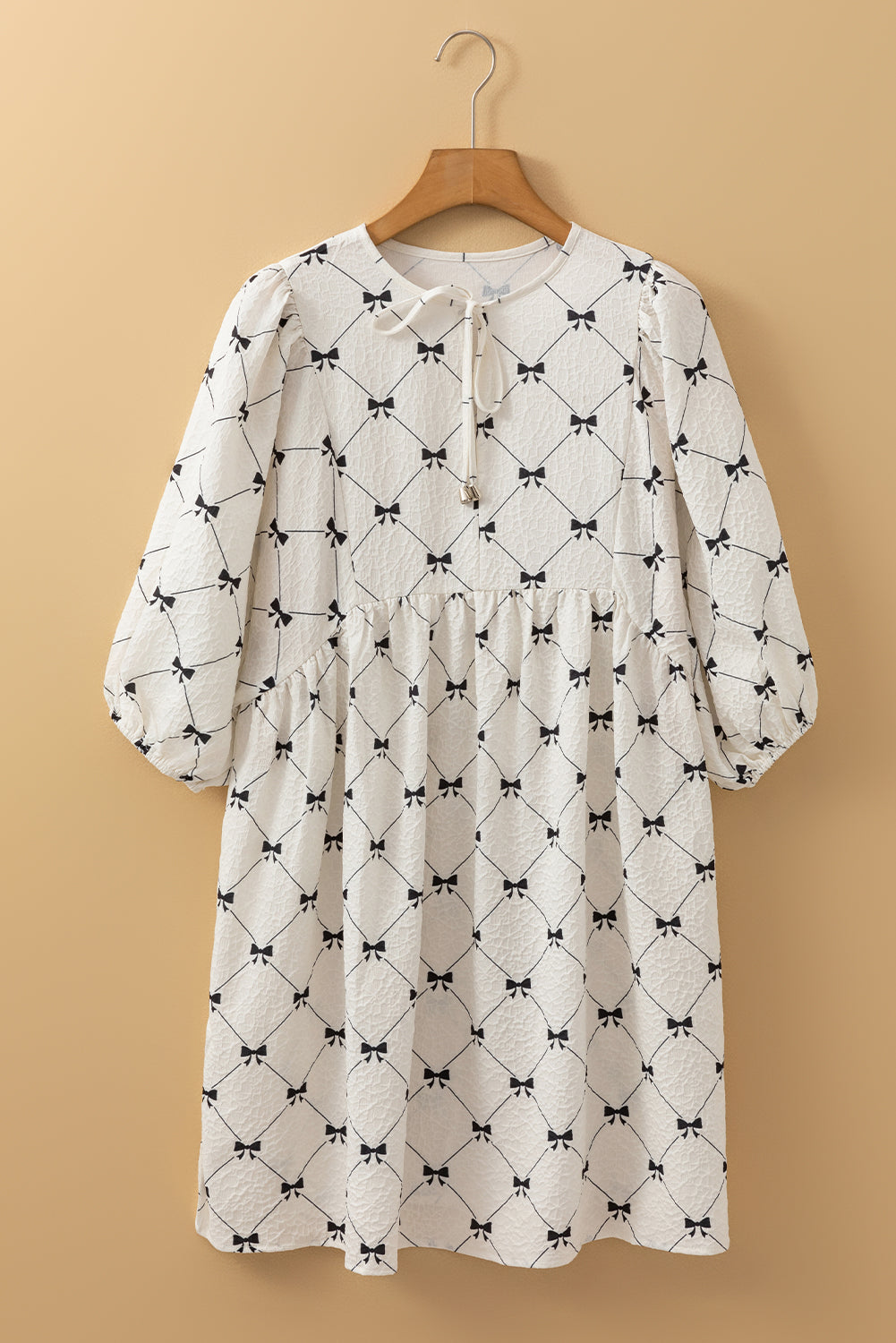 Bowtie Pattern Textured Puff Half Sleeve Loose Mini Dress