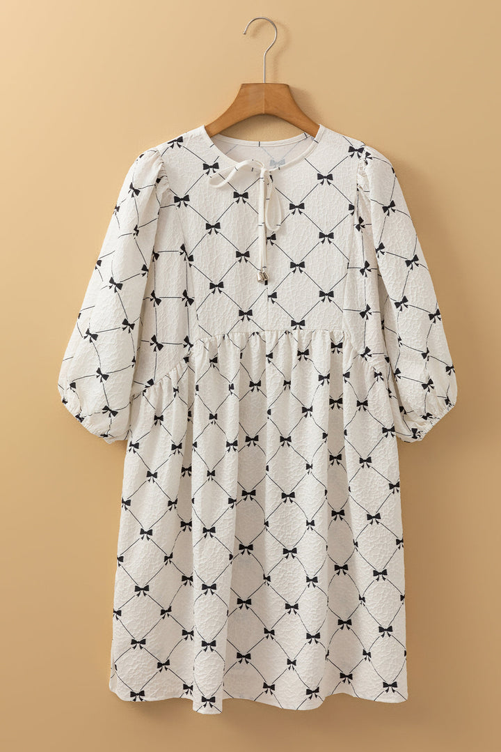 Bowtie Pattern Textured Puff Half Sleeve Loose Mini Dress