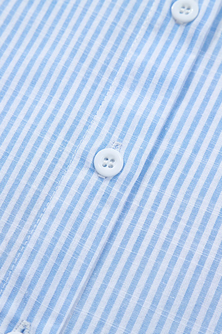 Sky Blue Stripe Leopard Contrast Collar Short Sleeve Shirt