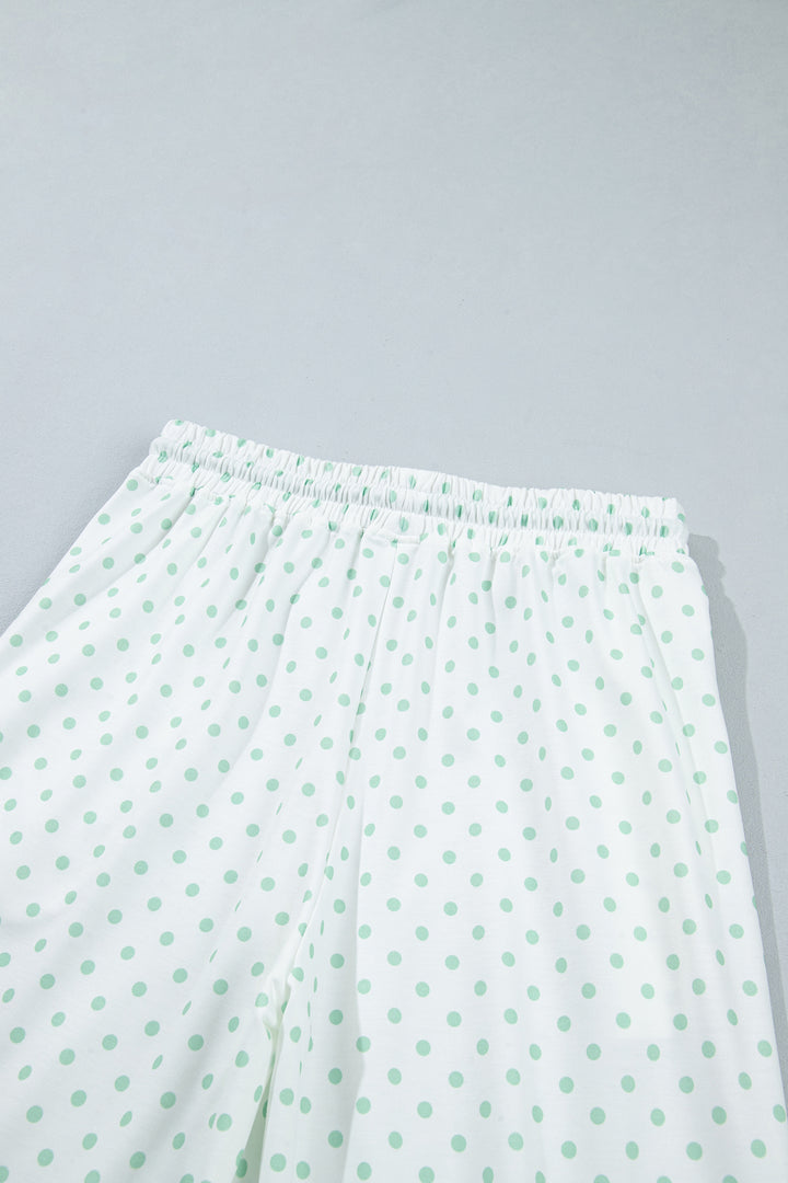 Green Polka Dot Patchwork Colorblock Long Sleeve Casual Two Piece Pants Set