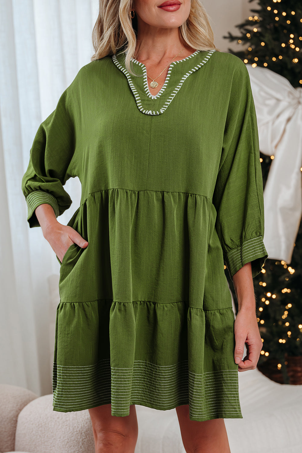 Contrast Stitched V Neck 3/4 Sleeve Tiered Mini Dress