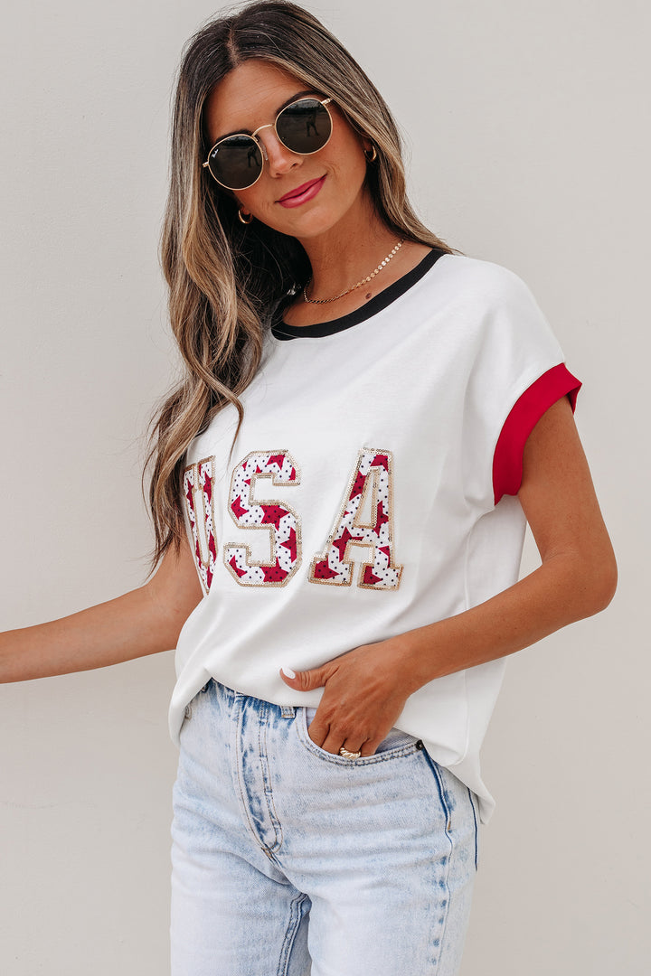 White USA Sequin Color Block Trim Loose T Shirt