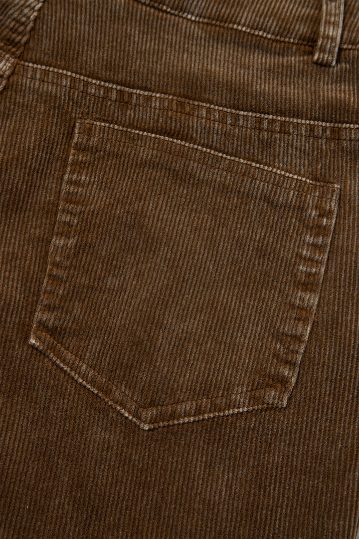 Camel Straight Leg Corduroy Metal Button Zip-up Pants
